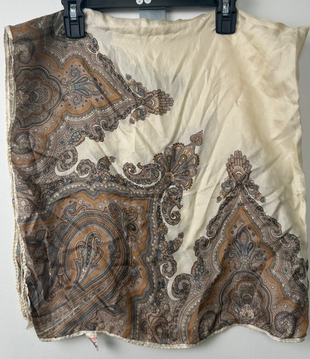 VTG Hiroko for Dozo Floral Print 100% Silk Scarf Japan Brown Cream 34” Square B7